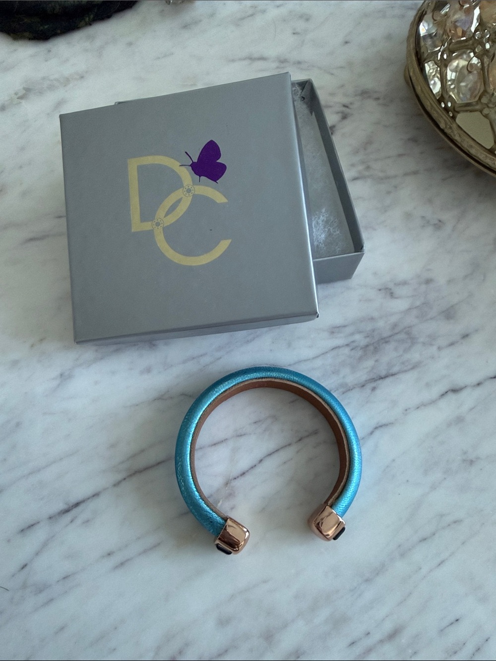 DC Turquoise Metallic Cuff Bracelet with Rose Gold Caps